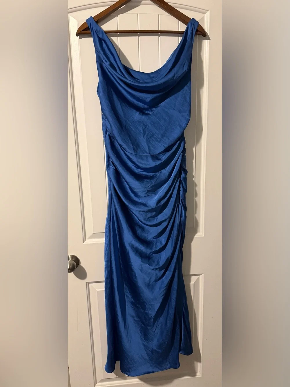 A&F Cowl Neck Draped Ruched Satin Maxi Dress - Dutch Blue MT